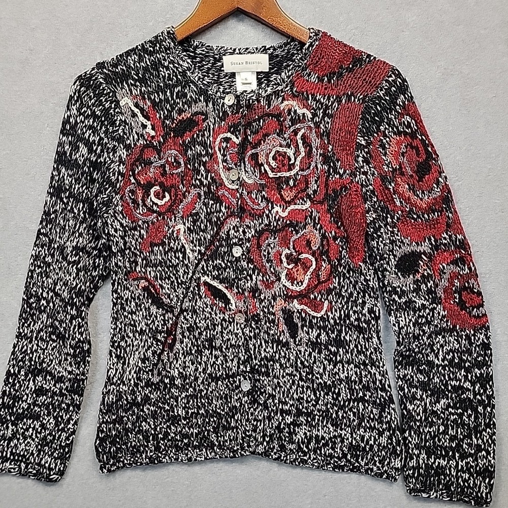 Vtg SUSAN BRISTOL Sz S Black White Marl Floral Embroidery Cardigan Sweater Y2K